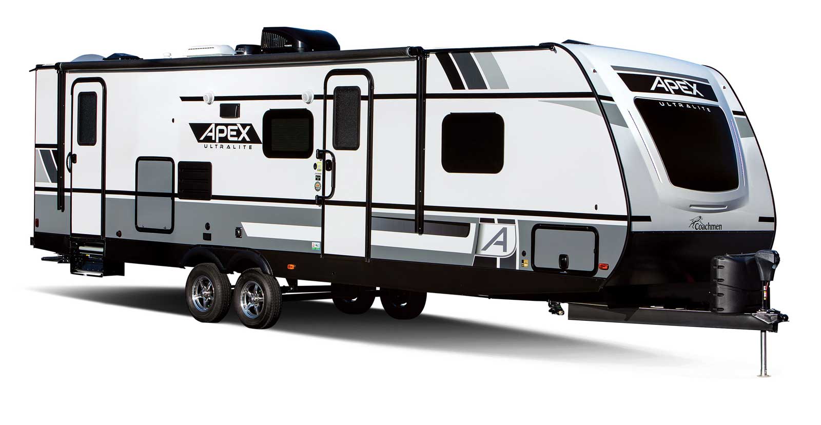 A 2020 Coachmen Apex Nano parked in a garage.