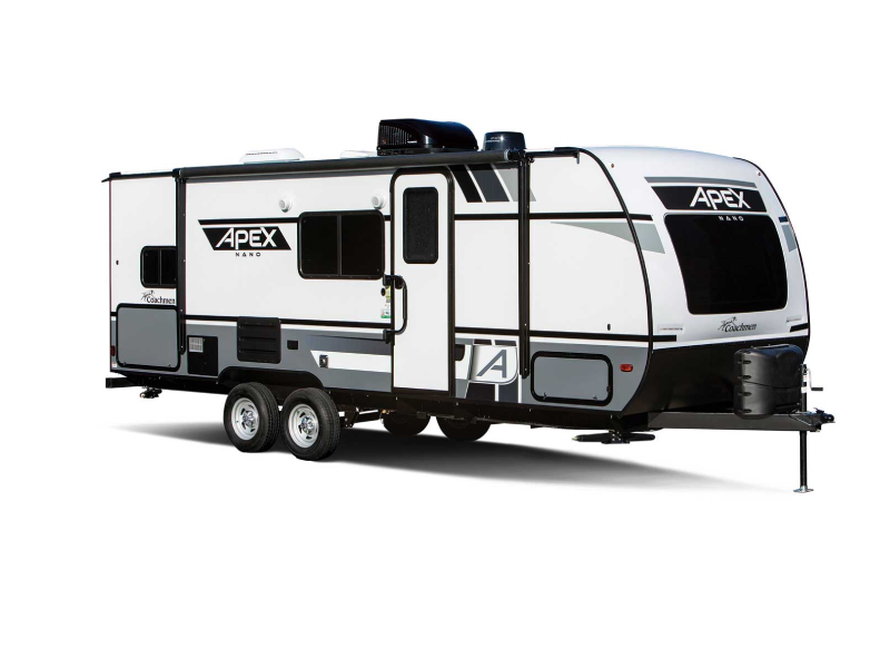 A 2021 Coachmen Apex Nano 203RBK RV in front of a white background.